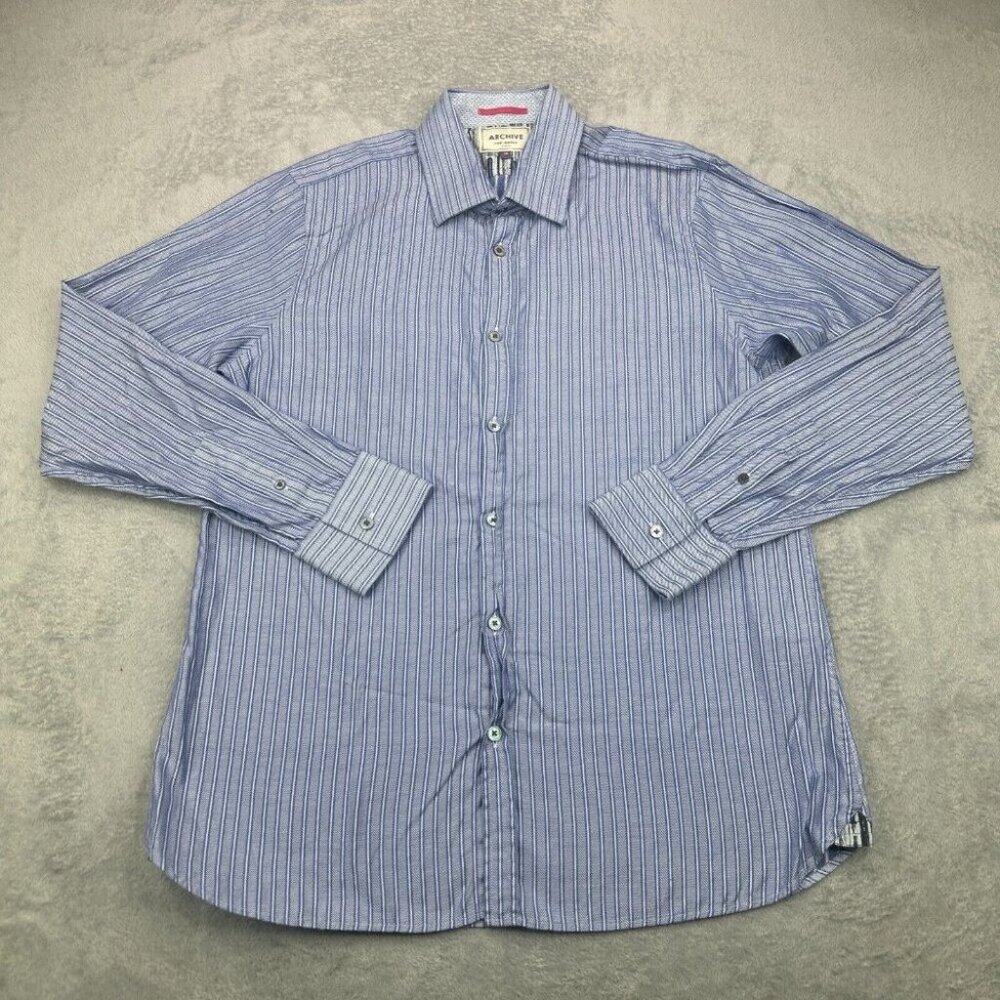 Ted Baker Archive Shirt Mens Size 16 Blue Striped Preppy Long Sleeve Herringbone